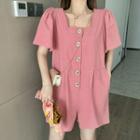 Short-sleeve Square Neck Button Accent Playsuit Pink - One Size
