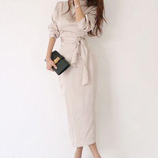 Set: Mock-turtleneck Long-sleeve Top + Midi Pencil Skirt