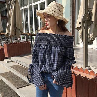 Off-shoulder Bell-sleeve Check Top