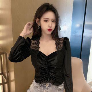 Lace-trim Ruched Velvet Crop Top