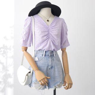 Ruched V-neck Elbow-sleeve Eyelet Blouse