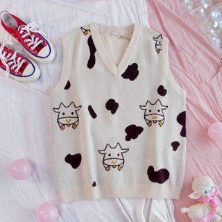 Cow Print Sweater Vest Black & Off-white - One Size