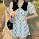 Balloon-sleeve Dotted A-line Dress White - One Size