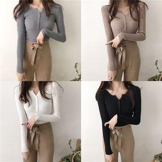 Ribbed Buttoned Plain Knit Top