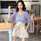 V-neck Elbow-sleeve Blouse / Wide Leg Shorts