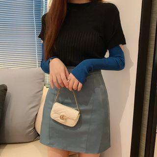 Cut-out Two-tone Long-sleeve Knit Top / Faux Leather Mini A-line Skirt