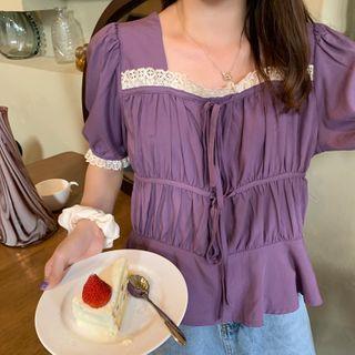 Short-sleeve Butterfly Print T-shirt / Gingham A-line Skirt