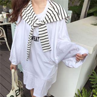 Lettering Long-sleeve T-shirt Dress With Striped Shawl