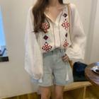 Embroidered Long-sleeve Blouse White - One Size