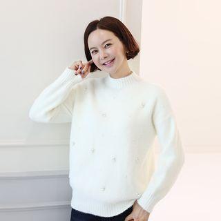 Mock-neck Faux-pearl Furry Knit Top