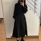 Long-sleeve Sashed Midi Shirt Dress Black - One Size