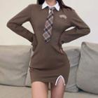 Long-sleeve Polo Collar Slit Mini Sheath Dress