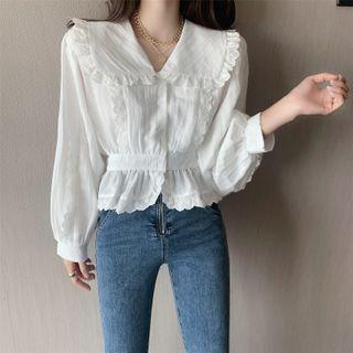 Lace Trim Lantern-sleeve Blouse / Cable-knit Cardigan
