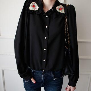 Frilled-collar Heart-appliqu  Blouse