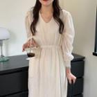 Plain V-neck Lace Puff-sleeve Dress Almond - One Size