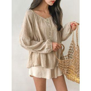Half-placket Textured Shirred Blouse
