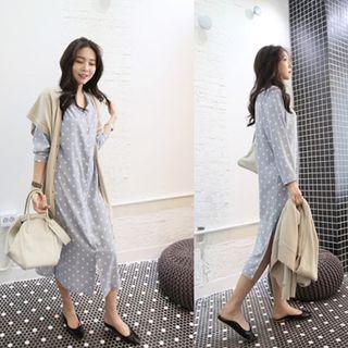 V-neck Buttoned Polka-dot Long Dress