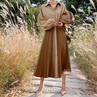 Belted Pleated Pleather Shirtdress