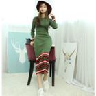 Stripe-trim Ribbed Knit Long Dress