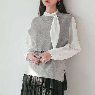 Set: Tie-front Blouse + Round-neck Vest