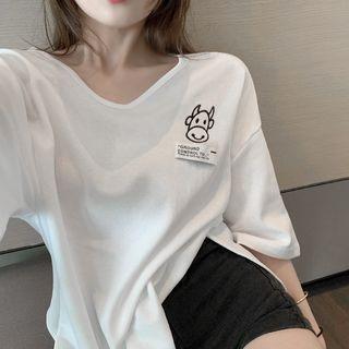 Short-sleeve Cow Embroidered T-shirt White - One Size