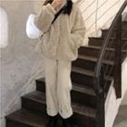 Oversized Plain Fleece Long-sleeve Jacket Almond - One Size