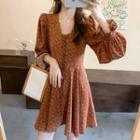 Long-sleeve Floral Lace-up Mini A-line Dress