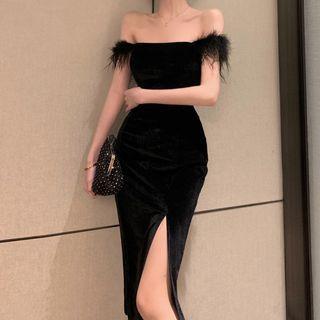 Off Shoulder Midi Sheath Velvet Dress