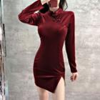 Long-sleeve Velvet Mini Bodycon Qipao Dress