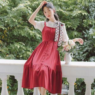 Bow Neck Short-sleeve Top / Strappy Midi A-line Dress / Set