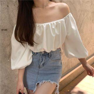 Off-shoulder Cropped Blouse / Denim Mini Pencil Skirt