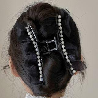Faux Pearl Mesh Alloy Hair Clamp 1pc - 2788a - Black & White - One Size