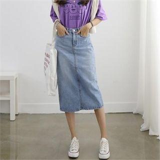 Washed H-line Long Denim Skirt