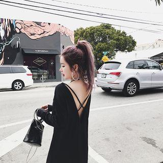 Long-sleeve Cross-strap Dress Black - One Size