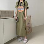 Elbow-sleeve Lettering Midi T-shirt Dress Bean Green - One Size