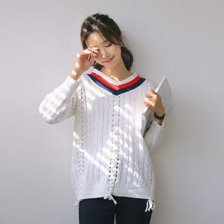 V-neck Lace-up Trim Cable-knit Top