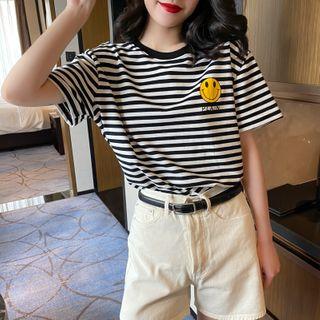 Smiley-face Striped T-shirt Black - One Size