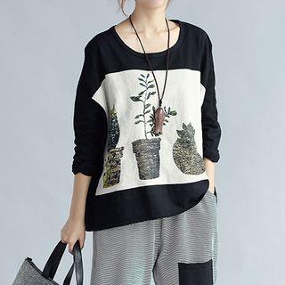 Plant Print Applique Long Sleeve T-shirt