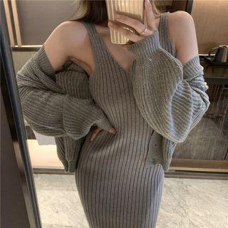 V-neck Cardigan / V-neck Ribbed Midi Knit Tank Dress