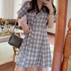 Short-sleeve Double-breasted Gingham Shirtdress As Shown In Figure - One Size