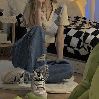 Short-sleeve Argyle Knit Top / Camisoletop