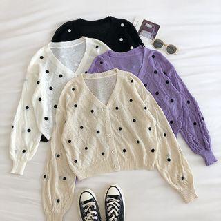 Polka Dot V-neck Long-sleeve Knit Cardigan