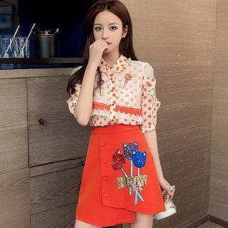 Set: Short-sleeve Dotted Shirt + Skirt