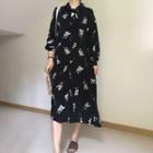 Printed Long-sleeve Midi Dress Black - One Size