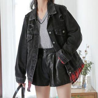Plaid Panel Buttoned Denim Jacket
