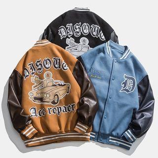 Long-sleeve Print Faux Leather Panel Bomber Jacket