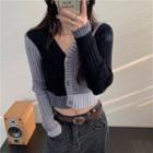 Long-sleeve Cropped Buttoned Color Block Knit Top Black & Dark Gray & White Gray - One Size