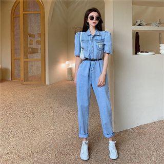 High-waist Washed Denim Straight Leg Jumpsuit
