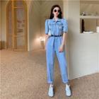 High-waist Washed Denim Straight Leg Jumpsuit