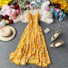 Asymmetric-hem V-neck Floral Print Sleeveless Dress